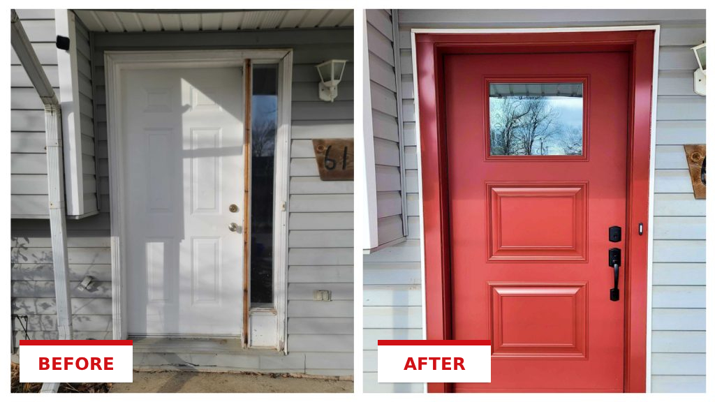 Door replacement on a Tri-State home, shown before and after installation
