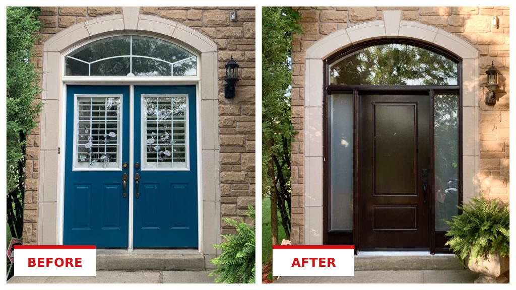 Door replacement on a Tri-State home, shown before and after installation