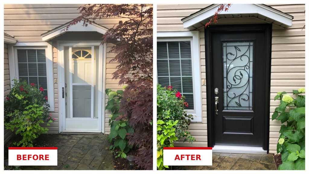 Door replacement on a Tri-State home, shown before and after installation