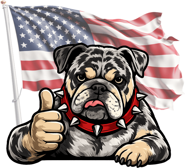 The Bulldog mascot giving a thumbs up in front of an American flag