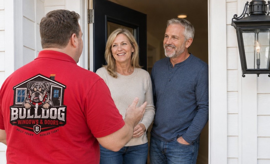 A Bulldog Windows & Doors rep greeting neighbors at their front door