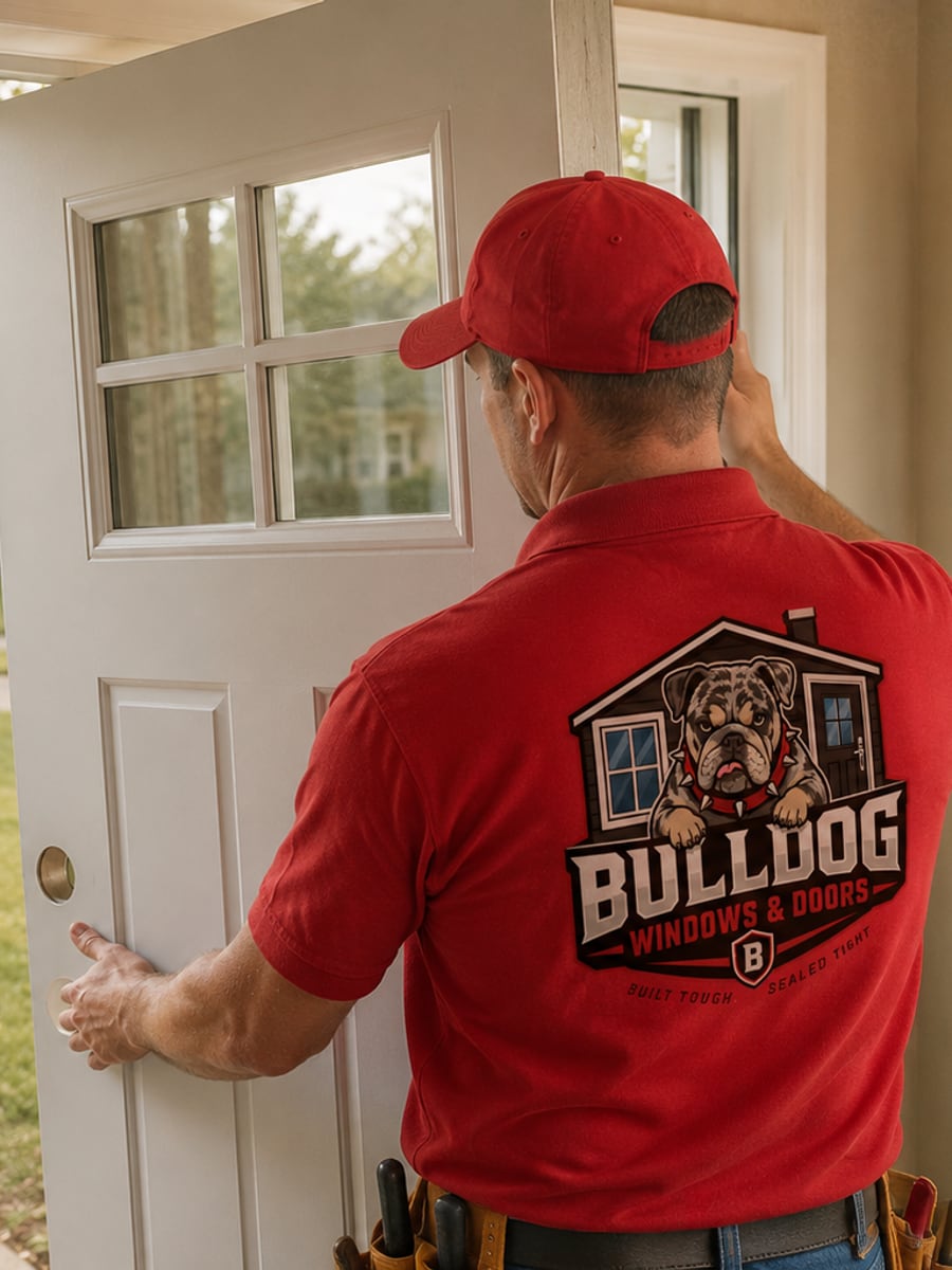 A Bulldog technician fitting a new entry door