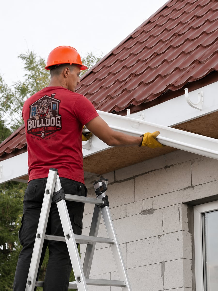 A Bulldog technician hanging a seamless gutter