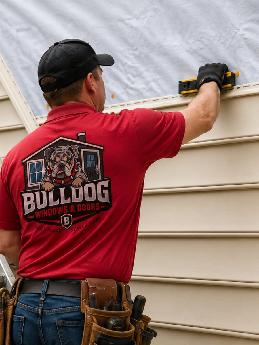 A Bulldog technician installing vinyl siding